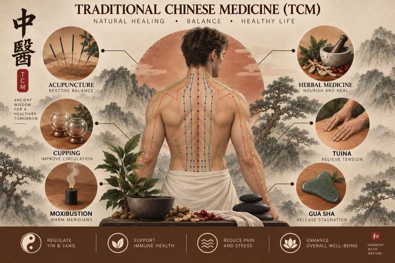 Traditional Chinese Medicine: acupuncture, herbal medicine, cupping, tui na, moxibustion, and gua sha