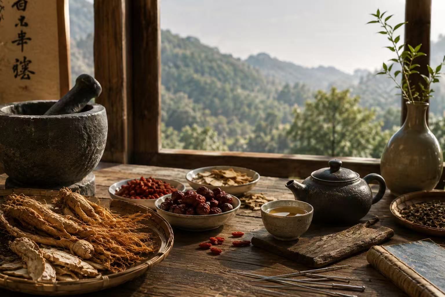 Traditional Chinese herbs, tea, and acupuncture needles beside a mountain-view window