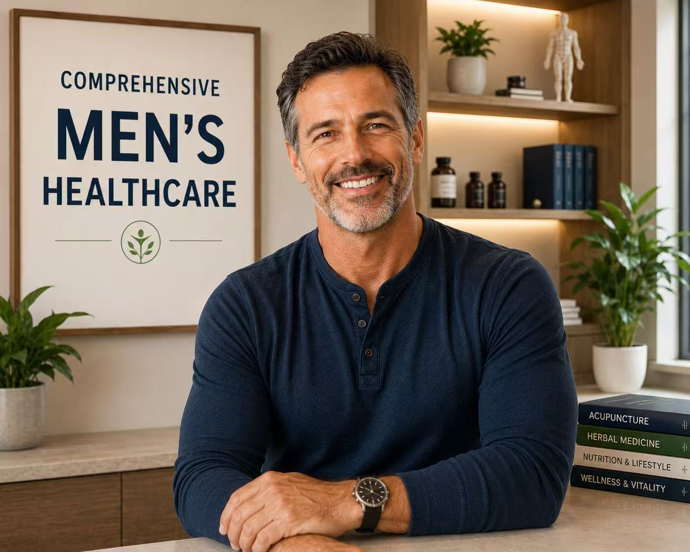 Smiling man in a clinic beside a Comprehensive Men’s Healthcare sign
