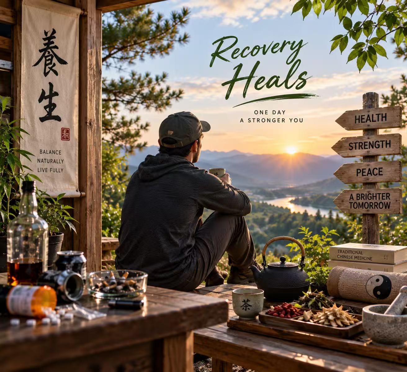 Person overlooking mountains at sunset with the message Recovery Heals