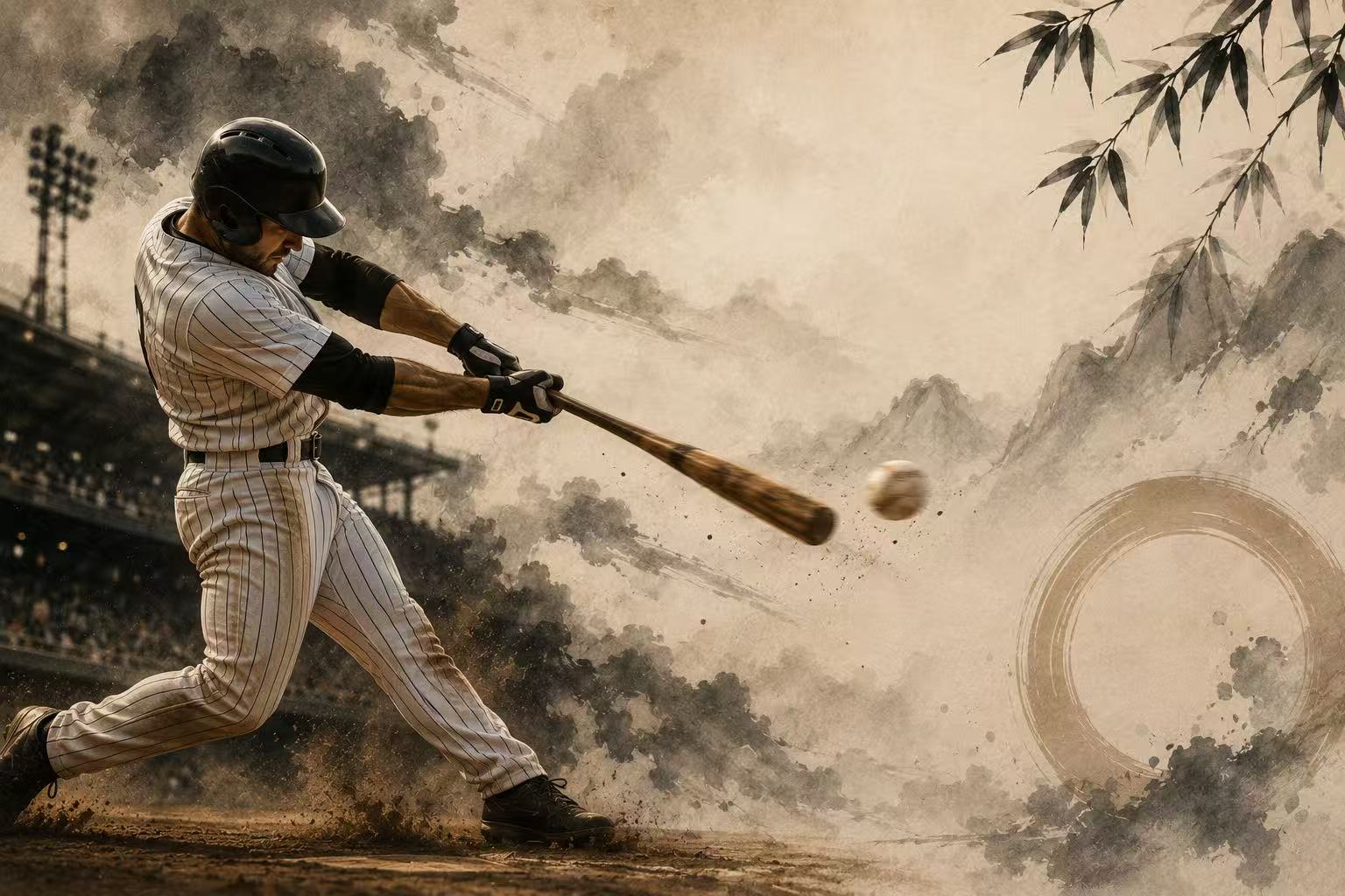 Baseball player swinging a bat against an ink-wash landscape