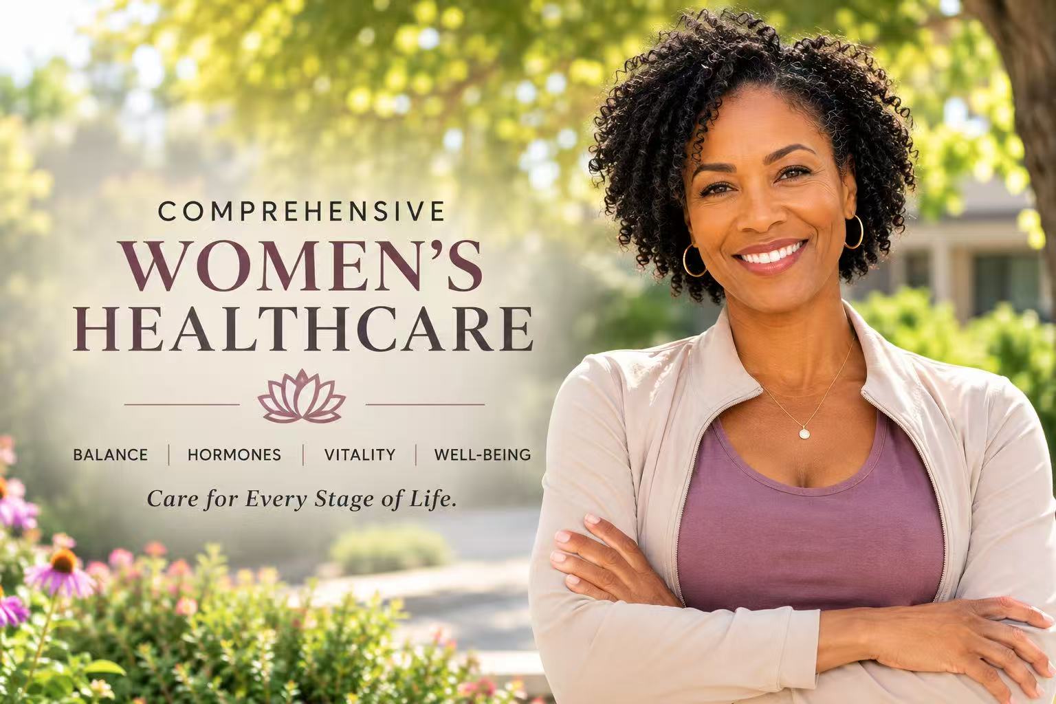 Smiling woman beside a Comprehensive Women’s Healthcare message